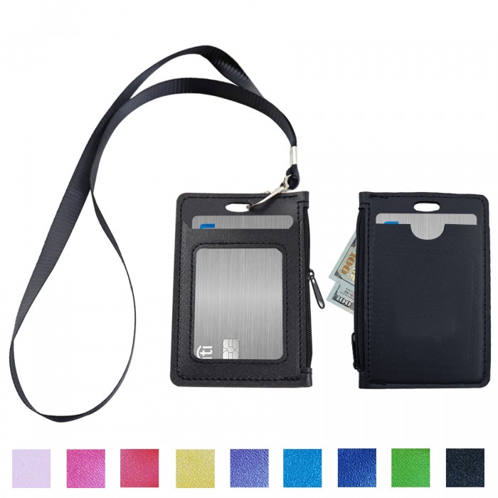 Lanyard PU Leather Card Holder With Zippered Pocket