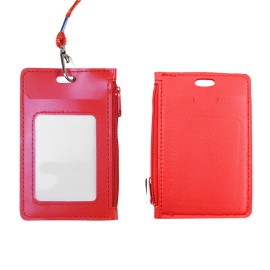 Lanyard PU Leather Card Holder With Zippered Pocket